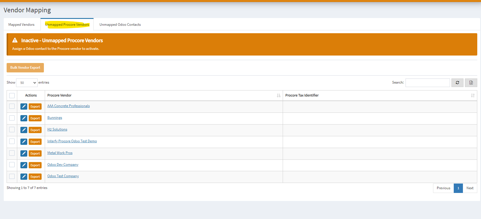 unmapped procore vendor tab